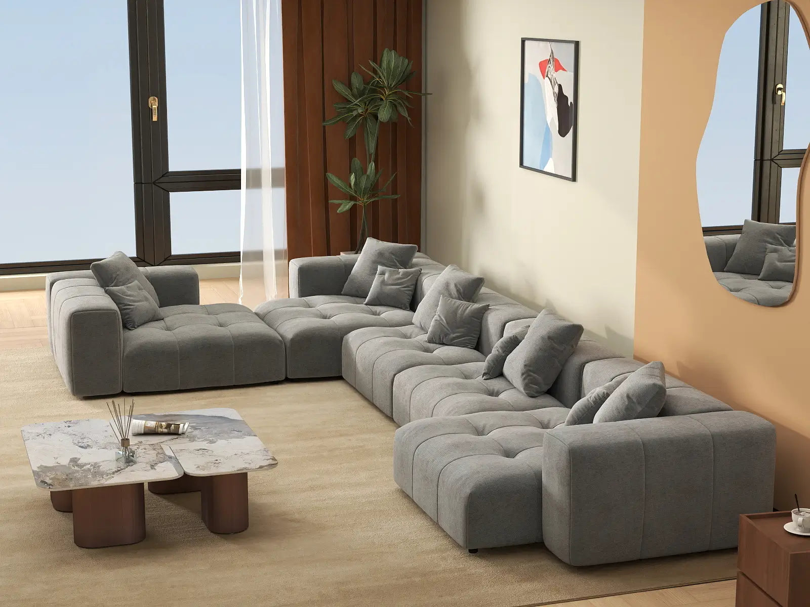 Matrix 5-Seater Light Grey Large Space L-Shaped Sectional | 5-Piece, Linen Fabric
