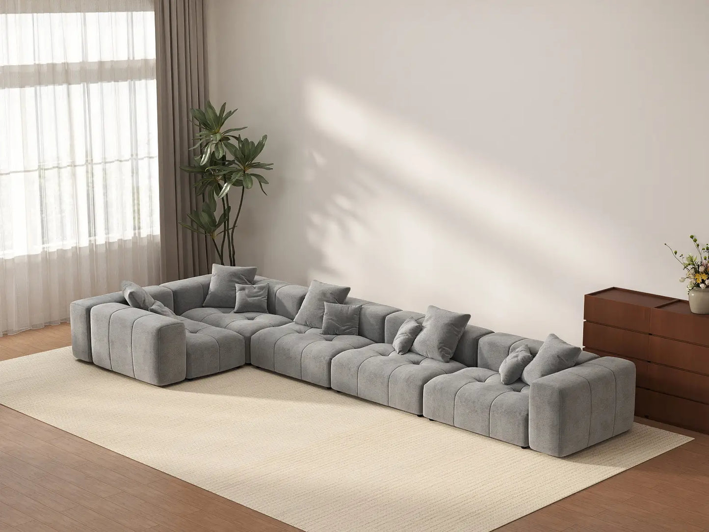 Matrix 5-Seater Light Grey Linen L-Shaped Sectional | 5-Piece, Large Space