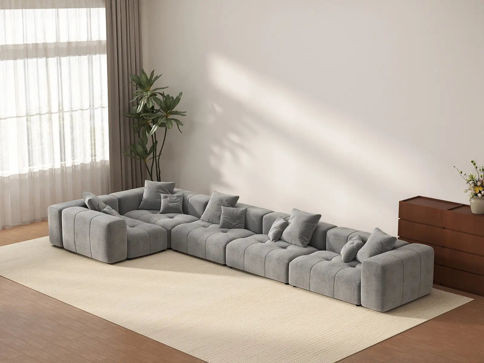 Matrix 5-Seater Light Grey Linen L-Shaped Sectional | 5-Piece, Large Space