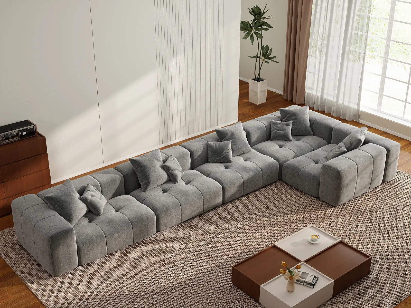 Matrix 5-Seater Light Grey Linen L-Shaped Sectional | 5-Piece, Large Space
