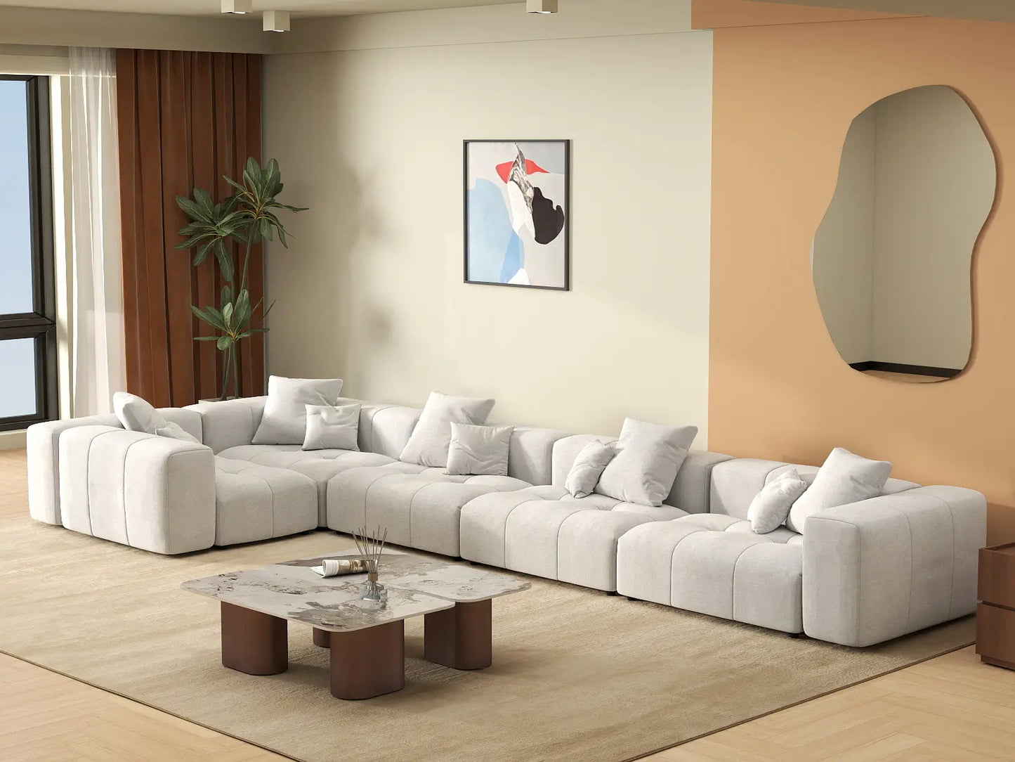 Matrix 5-Seater White Linen L-Shaped Sectional | 5-Piece, Modern Style