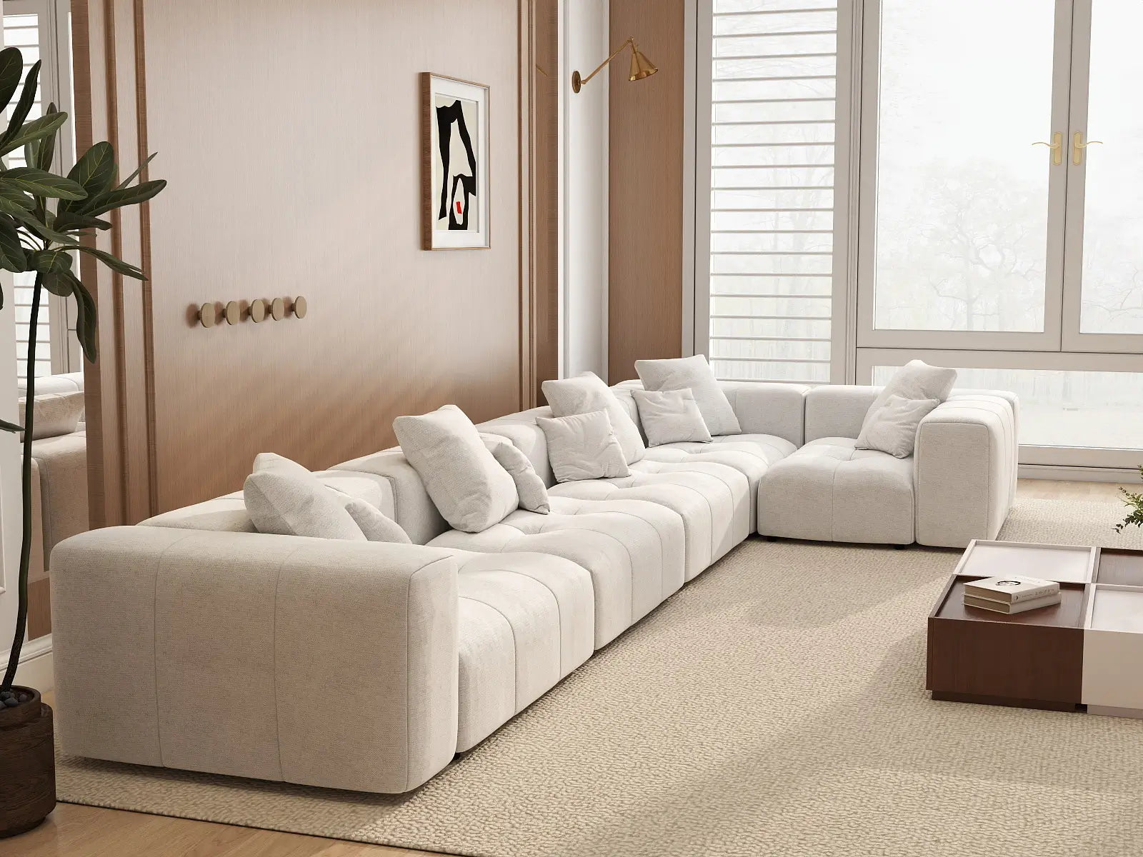 Matrix 5-Seater White Linen L-Shaped Sectional | 5-Piece, Modern Style