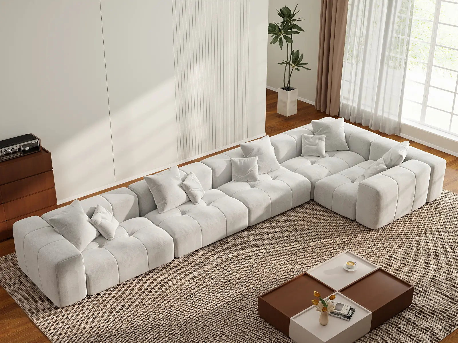 Matrix 5-Seater White Linen L-Shaped Sectional | 5-Piece, Modern Style