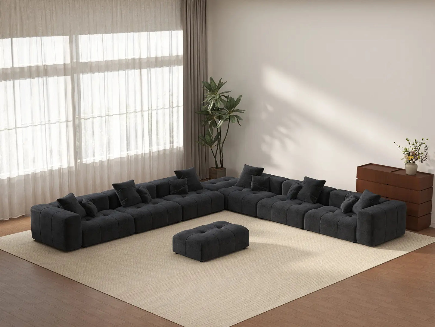 Sofá Matrix de 6 plazas de lino negro | Juego de 8 piezas (incluye 2 otomanas), diseño elegante