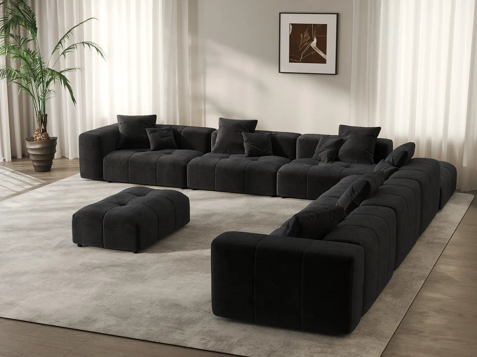 Sofá Matrix de 6 plazas de lino negro | Juego de 8 piezas (incluye 2 otomanas), diseño elegante