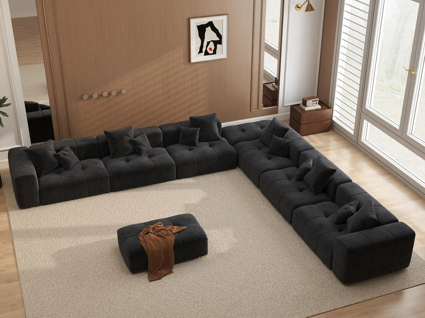 Sofá Matrix de 6 plazas de lino negro | Juego de 8 piezas (incluye 2 otomanas), diseño elegante