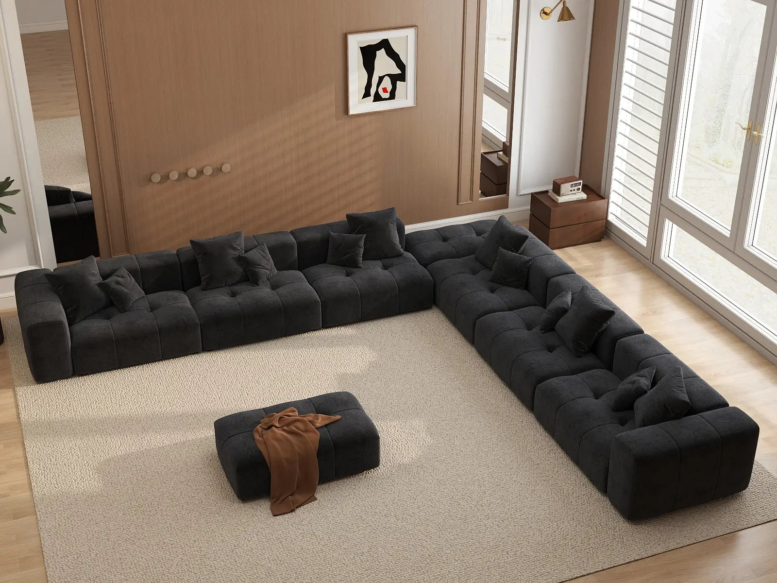 Sofá Matrix de 6 plazas de lino negro | Juego de 8 piezas (incluye 2 otomanas), diseño elegante