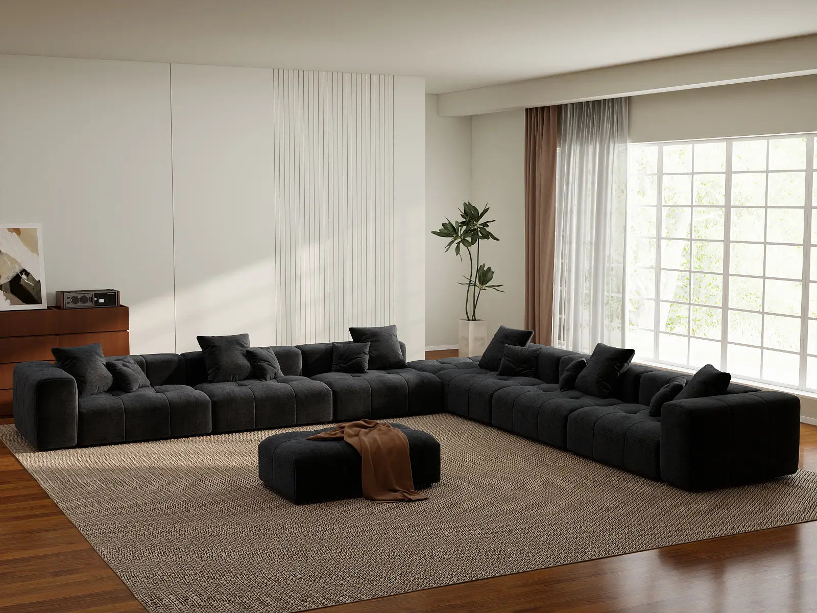 Sofá Matrix de 6 plazas de lino negro | Juego de 8 piezas (incluye 2 otomanas), diseño elegante