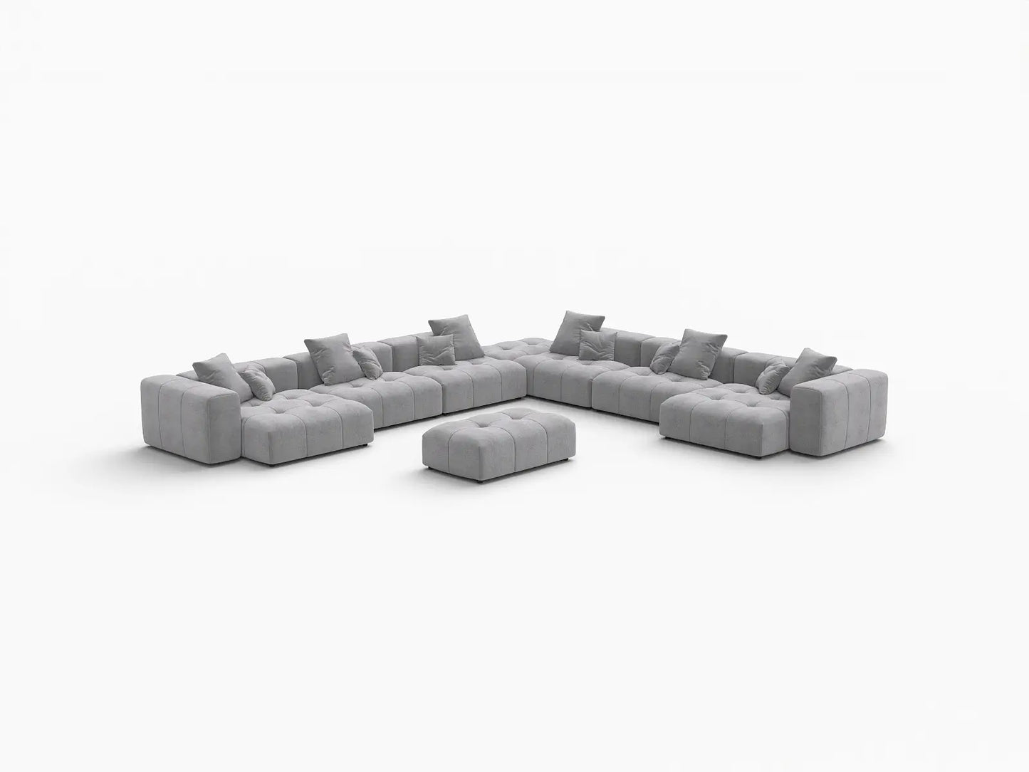 Juego de sofá Matrix de lino gris claro de 6 plazas | 8 piezas (incluye 2 otomanas), Espacio abierto