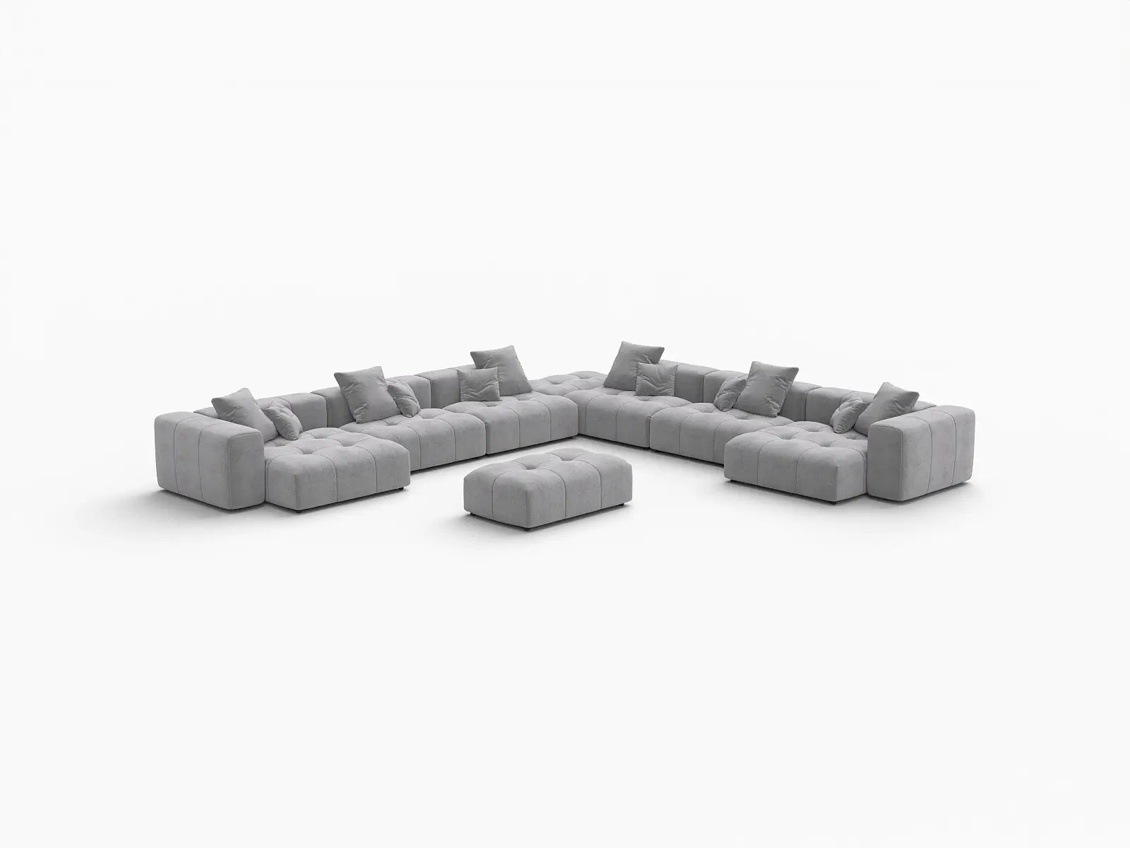 Juego de sofá Matrix de lino gris claro de 6 plazas | 8 piezas (incluye 2 otomanas), Espacio abierto