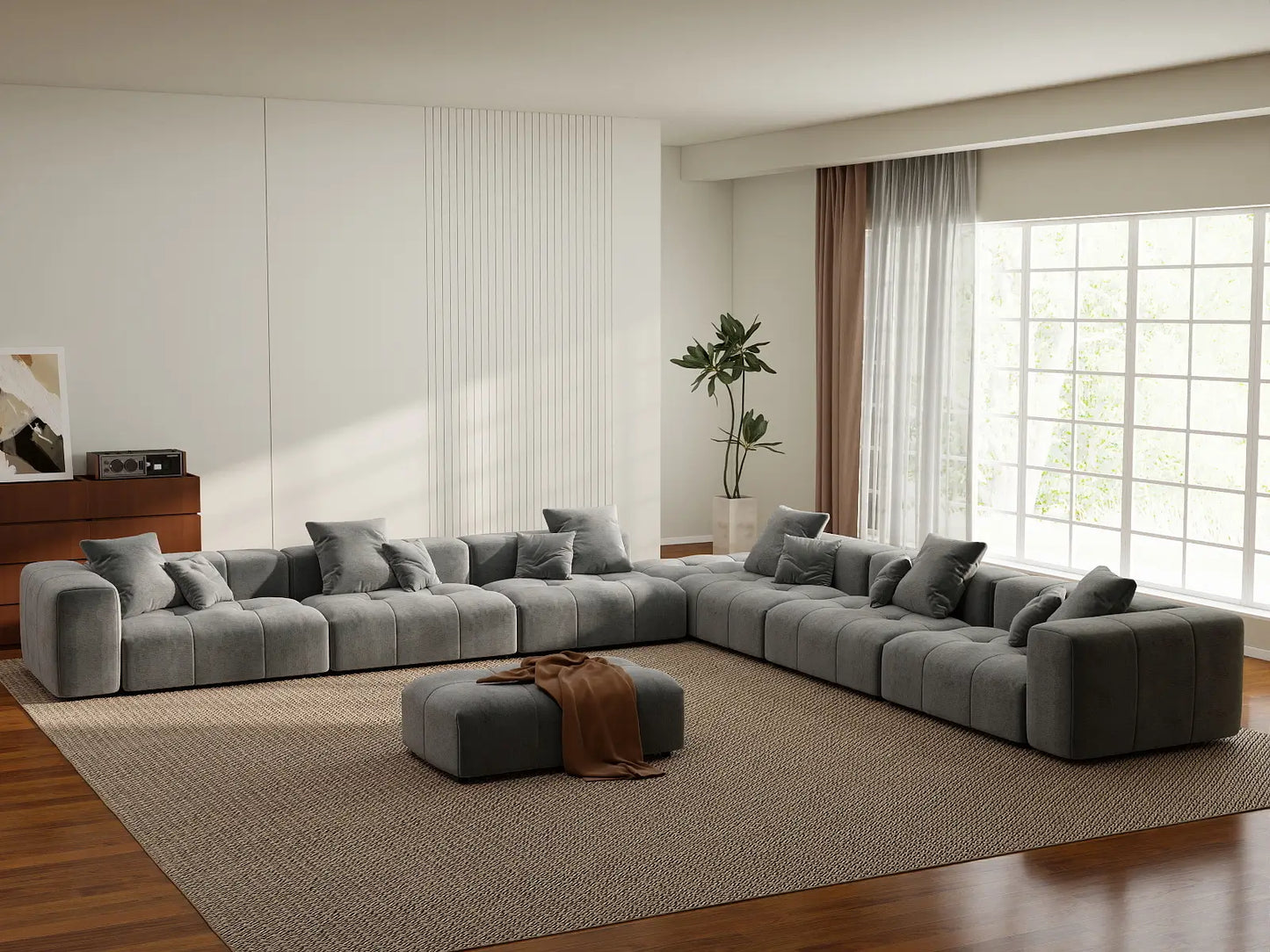 Matrix 6-Seater Light Grey Open Space Sofa Set | 8-Piece (Includes 2 Ottomans), Linen Fabric