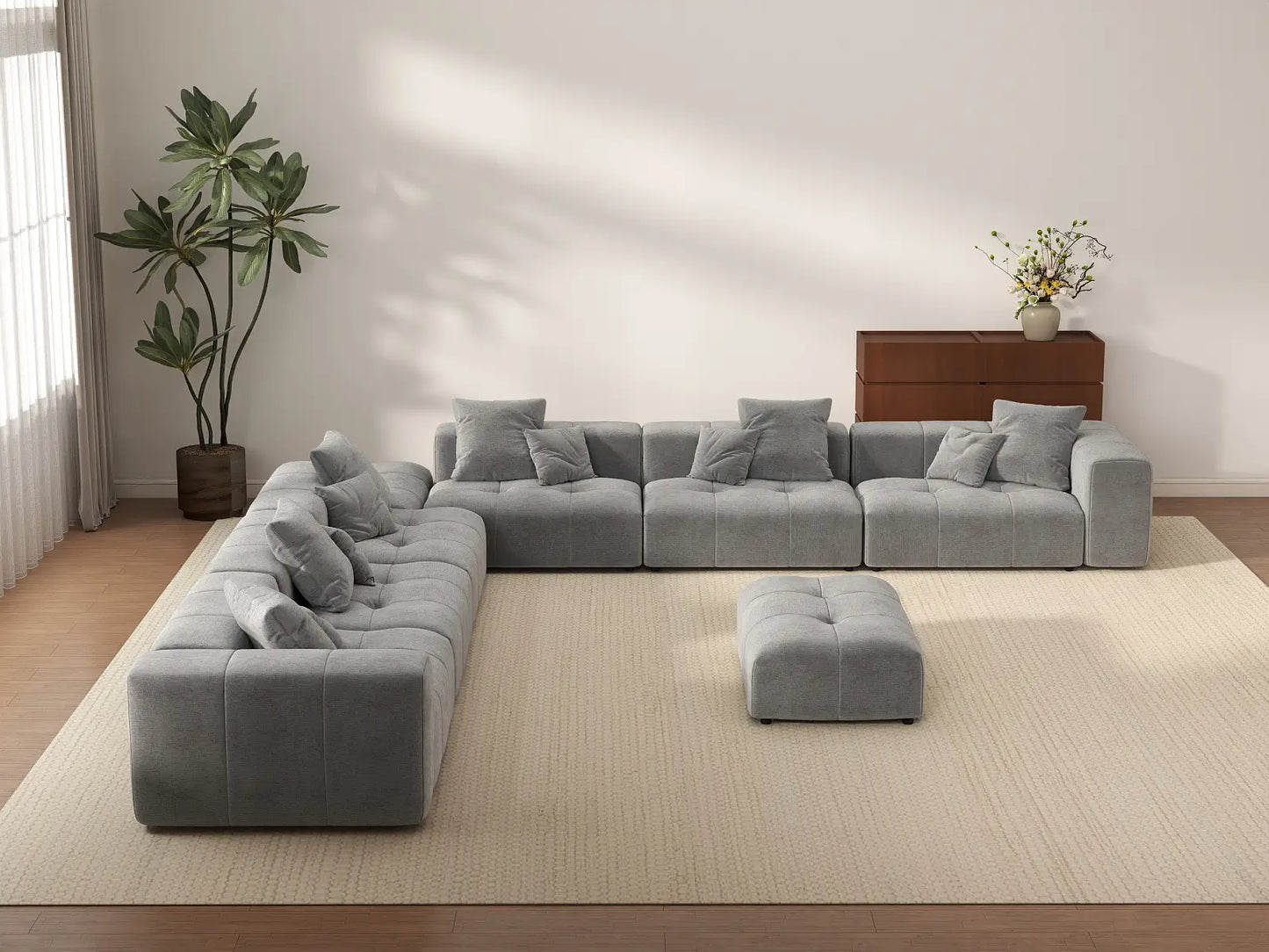 Matrix 6-Seater Light Grey Open Space Sofa Set | 8-Piece (Includes 2 Ottomans), Linen Fabric