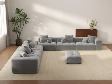 Matrix 6-Seater Light Grey Open Space Sofa Set | 8-Piece (Includes 2 Ottomans), Linen Fabric