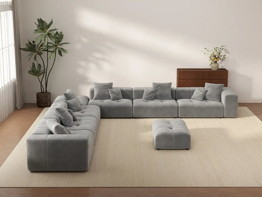 Matrix 6-Seater Light Grey Open Space Sofa Set | 8-Piece (Includes 2 Ottomans), Linen Fabric