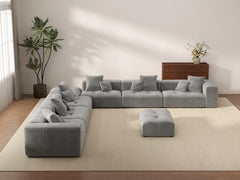 Matrix 6-Seater Light Grey Open Space Sofa Set | 8-Piece (Includes 2 Ottomans), Linen Fabric