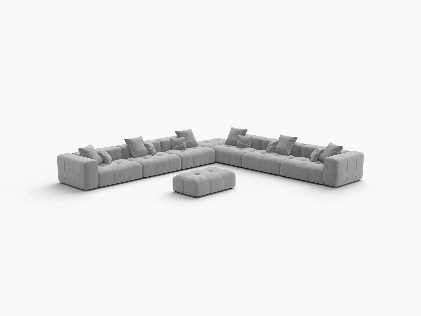 Matrix 6-Seater Light Grey Open Space Sofa Set | 8-Piece (Includes 2 Ottomans), Linen Fabric