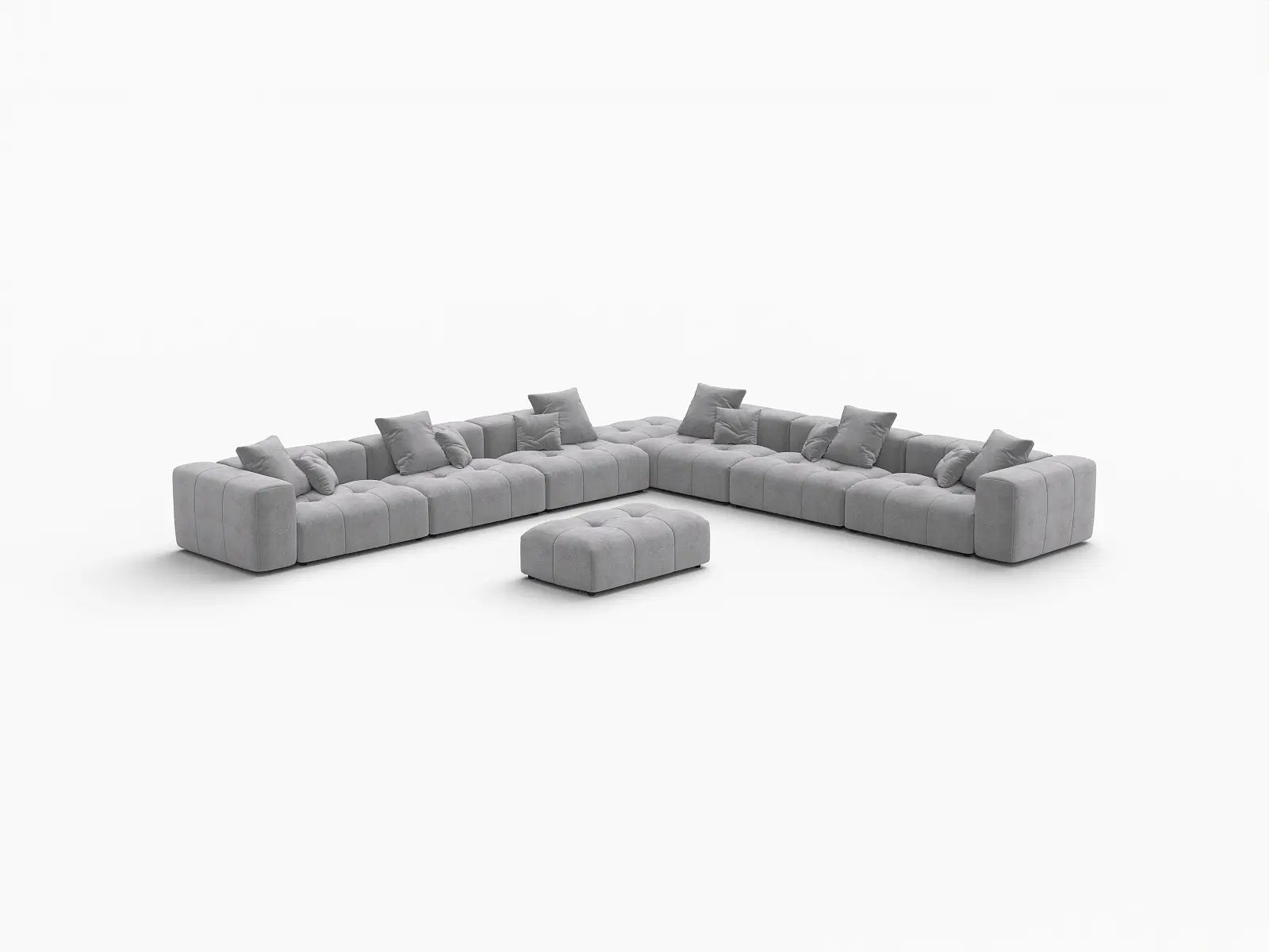 Matrix 6-Seater Light Grey Open Space Sofa Set | 8-Piece (Includes 2 Ottomans), Linen Fabric
