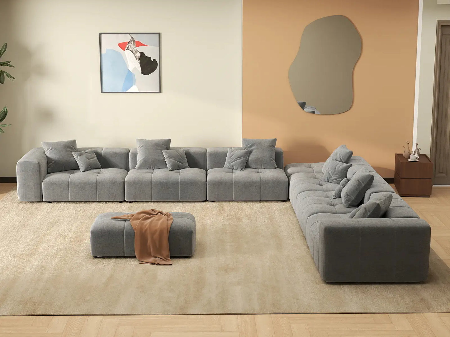 Matrix 6-Seater Light Grey Open Space Sofa Set | 8-Piece (Includes 2 Ottomans), Linen Fabric