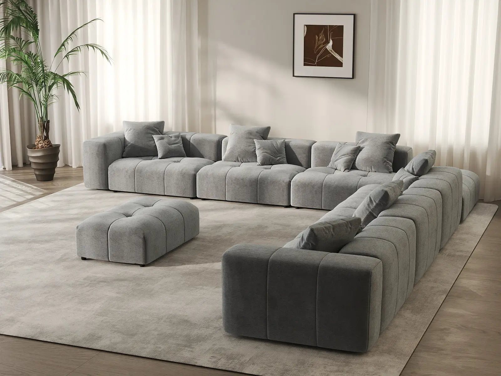 Matrix 6-Seater Light Grey Open Space Sofa Set | 8-Piece (Includes 2 Ottomans), Linen Fabric