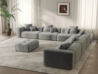 Matrix 6-Seater Light Grey Open Space Sofa Set | 8-Piece (Includes 2 Ottomans), Linen Fabric