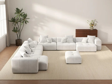 Matrix 6-Seater White Linen Sofa Set | 8-Piece (Includes 2 Ottomans), Modern Style