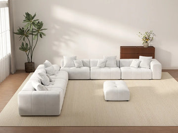 Matrix 6-Seater White Open Space Sofa Set | 8-Piece (Includes 2 Ottomans), Linen Fabric