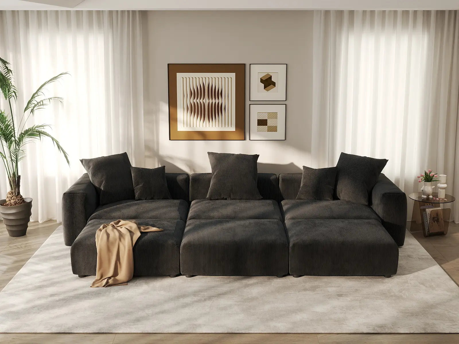 Fundas de sofá modulares modernas Matrix | Fundas de sofá de pana negra para sofá de 3 plazas con 3 otomanas