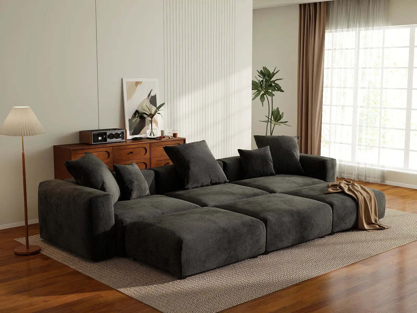 Fundas de sofá modulares modernas Matrix | Fundas de sofá de pana negra para sofá de 3 plazas con 3 otomanas