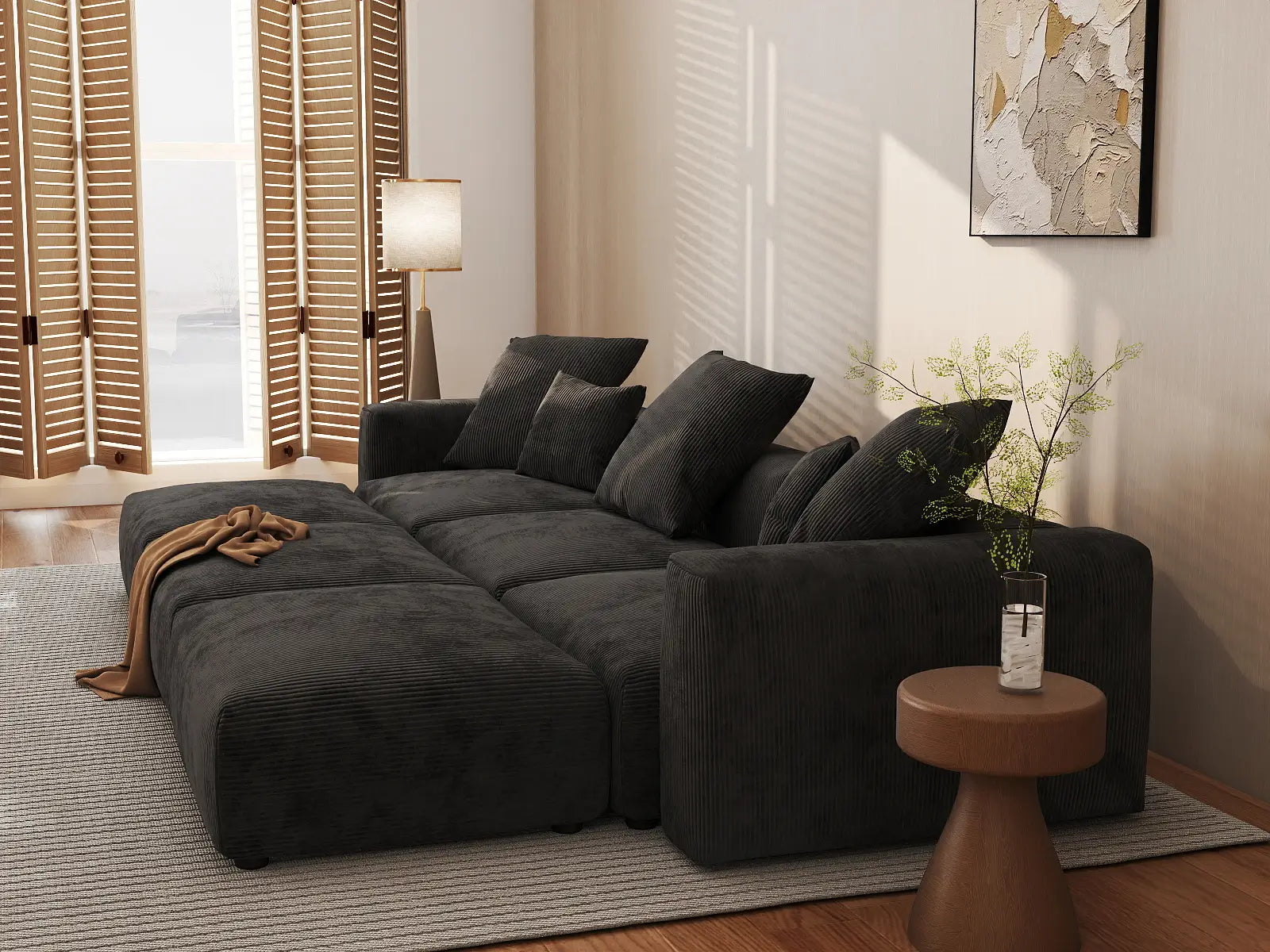 Fundas de sofá modulares modernas Matrix | Fundas de sofá de pana negra para sofá de 3 plazas con 3 otomanas