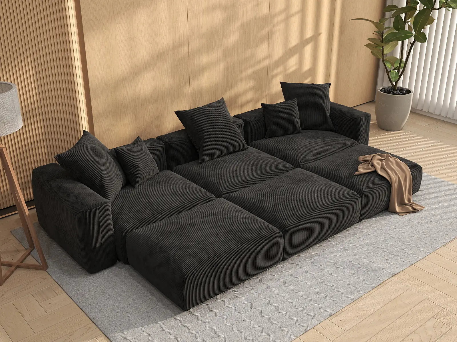 Fundas de sofá modulares modernas Matrix | Fundas de sofá de pana negra para sofá de 3 plazas con 3 otomanas