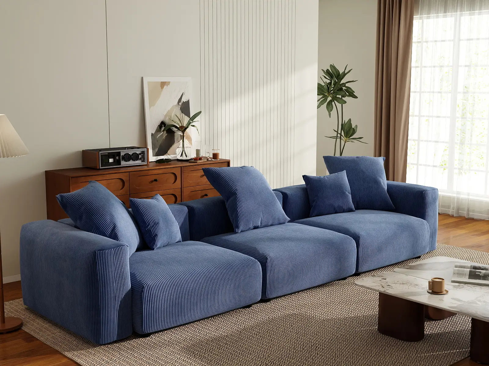 Sofá seccional Matrix de 3 plazas en pana azul | 3 piezas, asientos para sala de estar, fácil de limpiar, diseño modular
