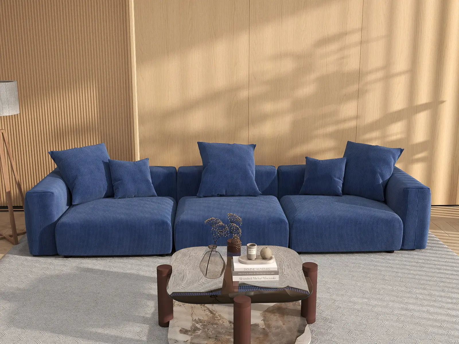 Sofá seccional Matrix de 3 plazas en pana azul | 3 piezas, asientos para sala de estar, fácil de limpiar, diseño modular