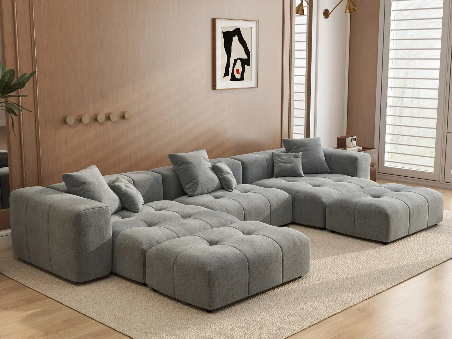 Matrix 3-Seater Light Grey Large Space U-Shaped Sectional | 5-Piece (Includes 2 Ottomans), Linen Fabric