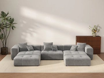 Matrix 3-Seater Light Grey Large Space U-Shaped Sectional | 5-Piece (Includes 2 Ottomans), Linen Fabric