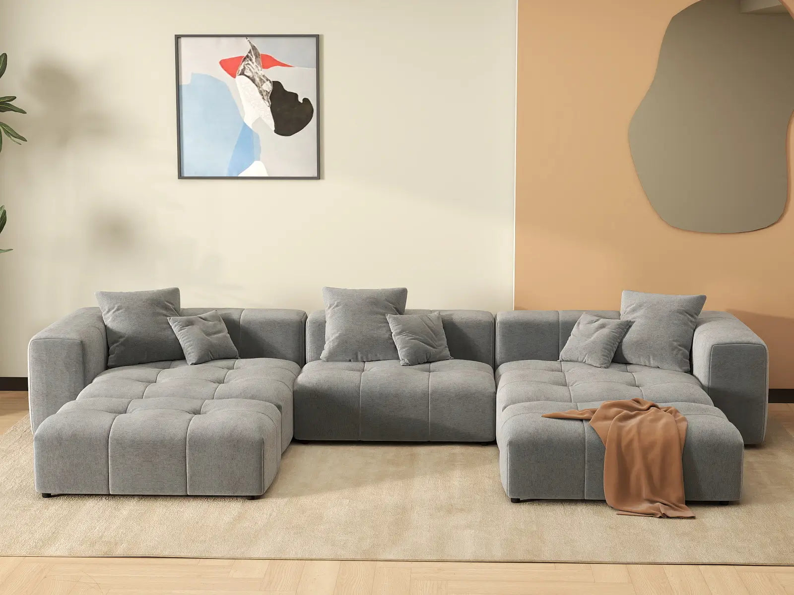 Matrix 3-Seater Light Grey Large Space U-Shaped Sectional | 5-Piece (Includes 2 Ottomans), Linen Fabric