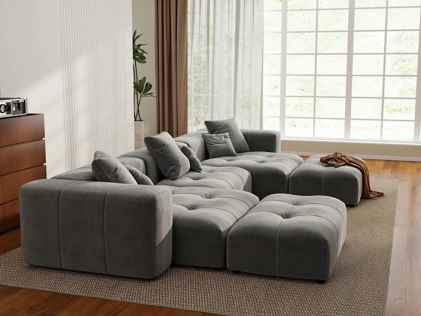 Matrix 3-Seater Light Grey Large Space U-Shaped Sectional | 5-Piece (Includes 2 Ottomans), Linen Fabric