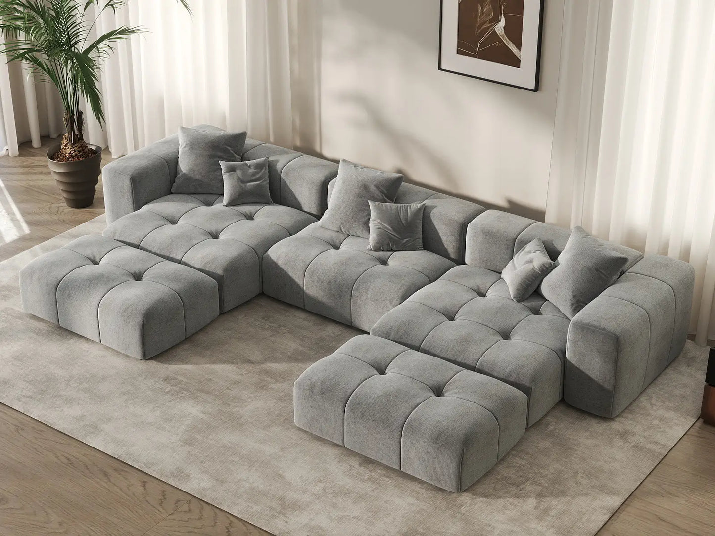 Matrix 3-Seater Light Grey Large Space U-Shaped Sectional | 5-Piece (Includes 2 Ottomans), Linen Fabric