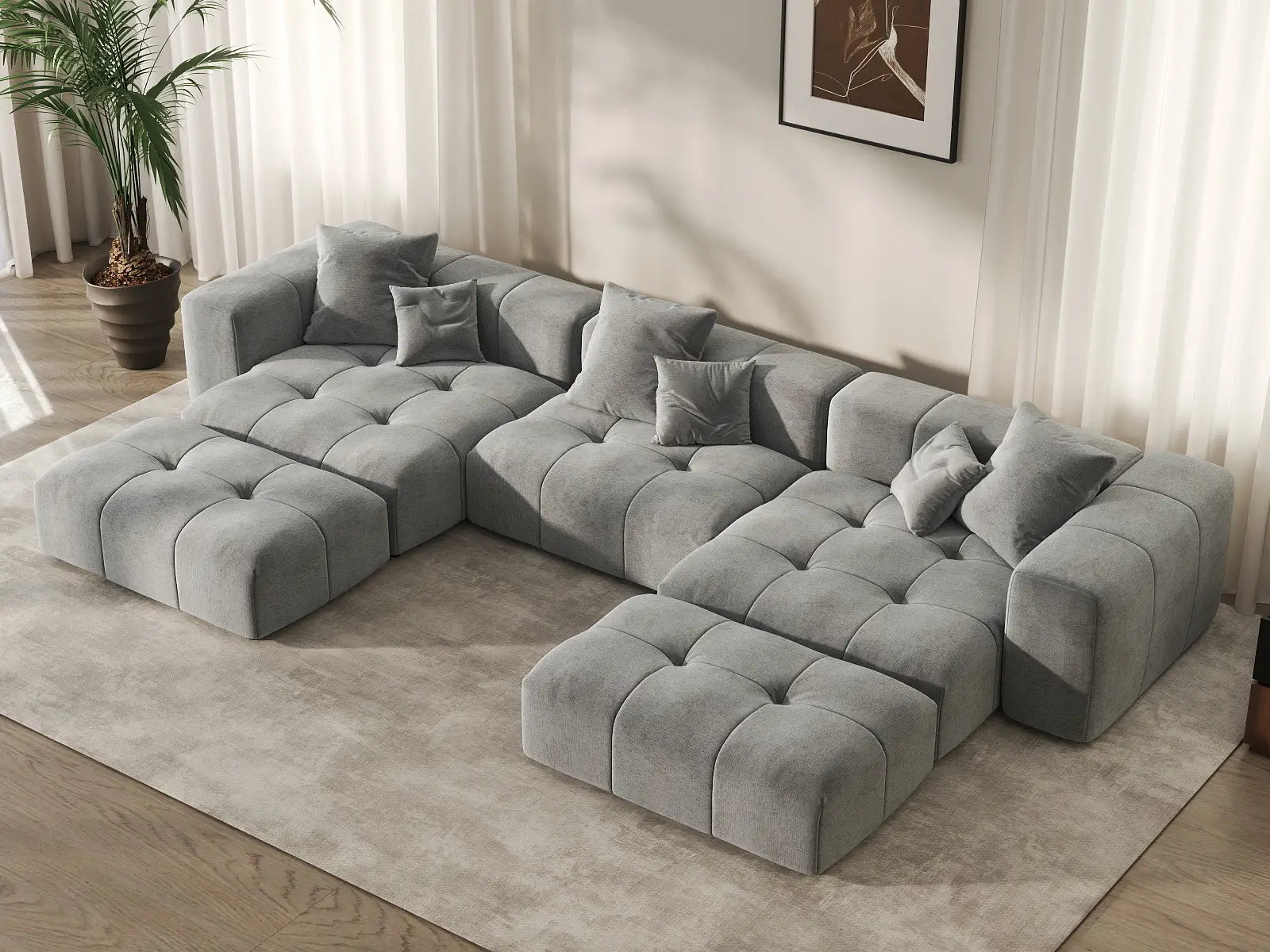 Matrix 3-Seater Light Grey Large Space U-Shaped Sectional | 5-Piece (Includes 2 Ottomans), Linen Fabric