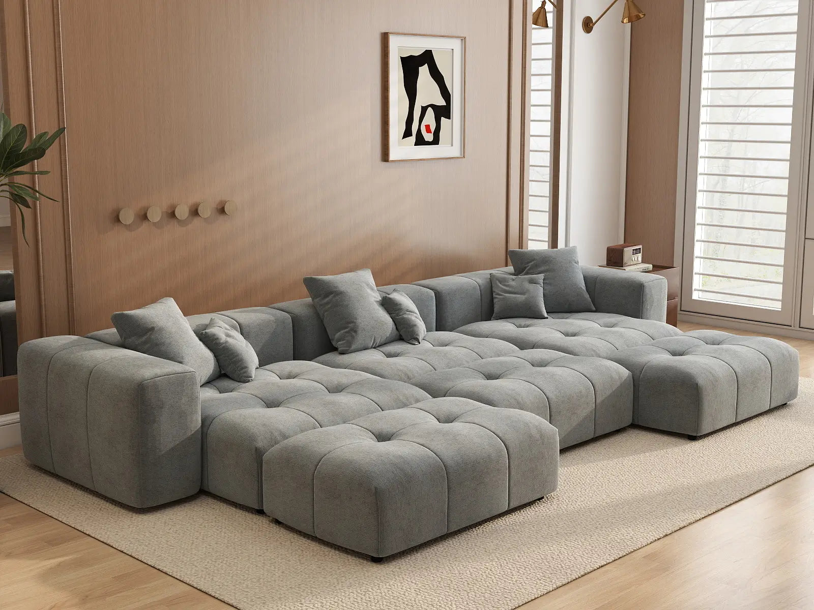 Matrix 3-Seater Light Grey Linen Pit Sectional | 6-Piece (Includes 3 Ottomans), Modular Design