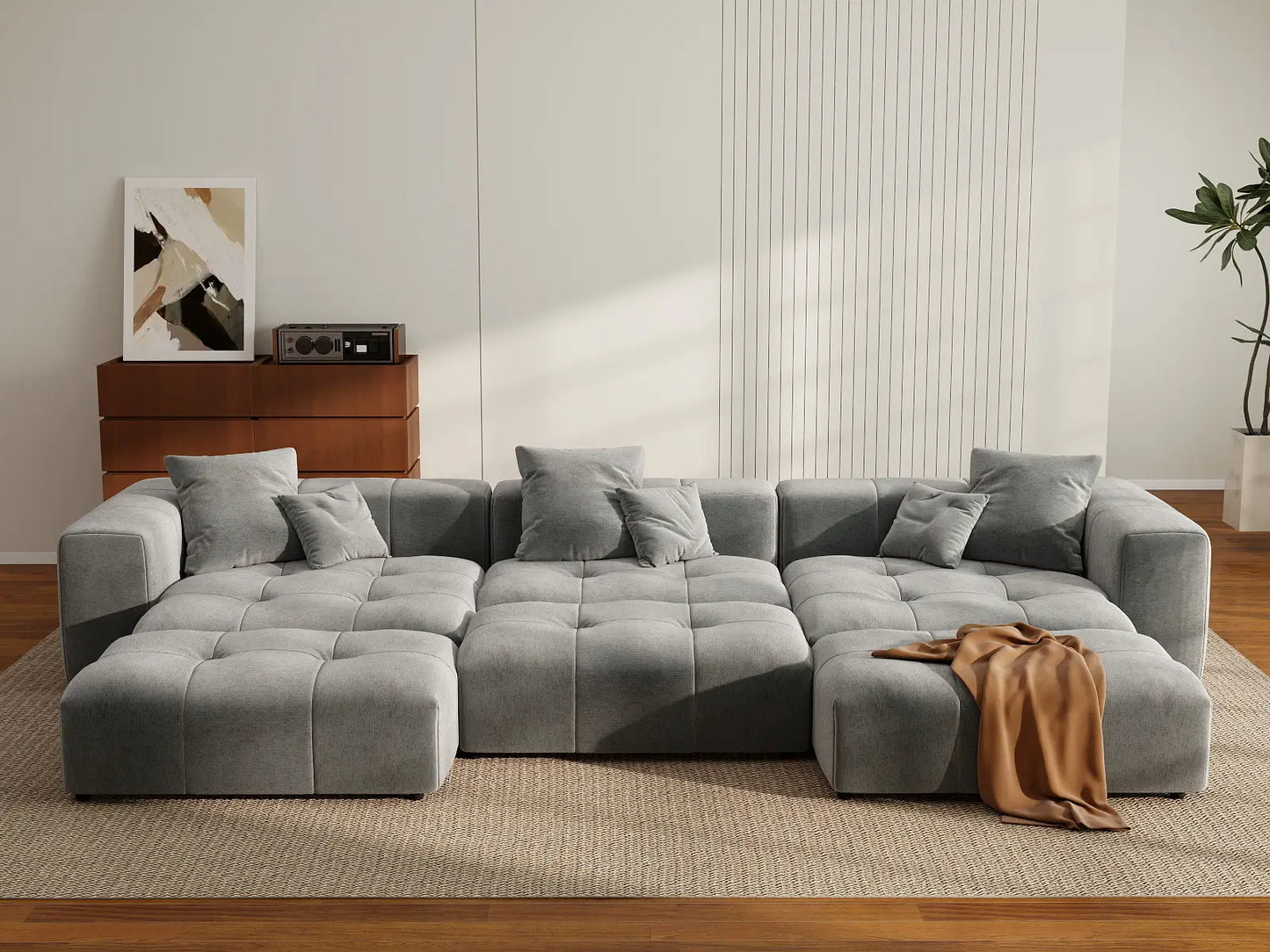 Matrix 3-Seater Light Grey Linen Pit Sectional | 6-Piece (Includes 3 Ottomans), Modular Design