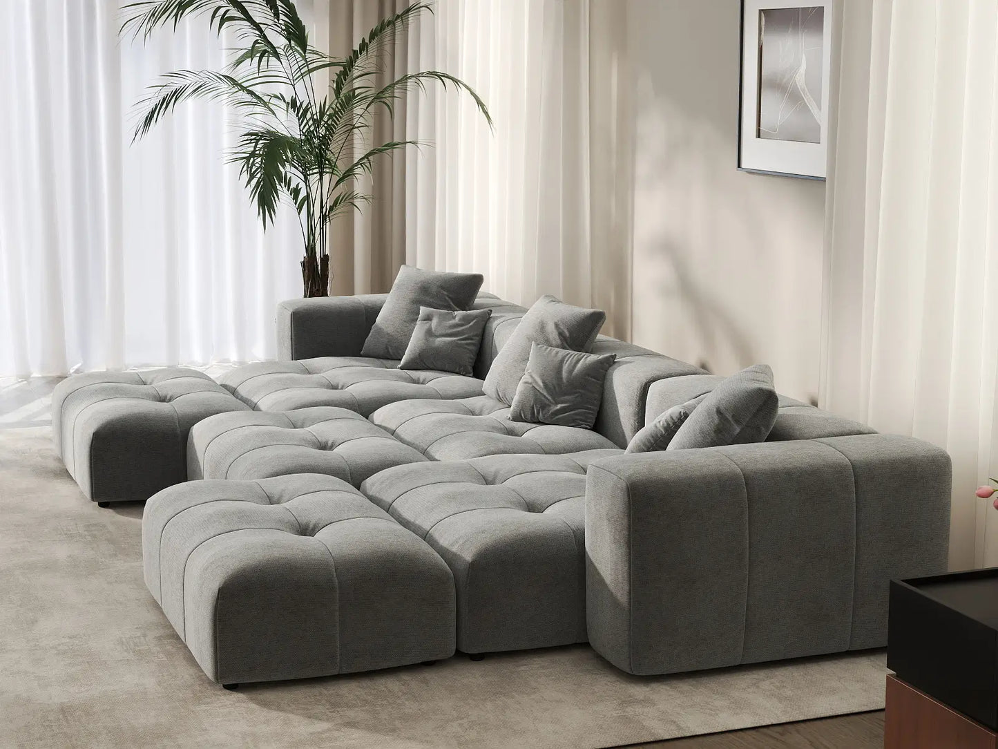 Matrix 3-Seater Light Grey Linen Pit Sectional | 6-Piece (Includes 3 Ottomans), Modular Design