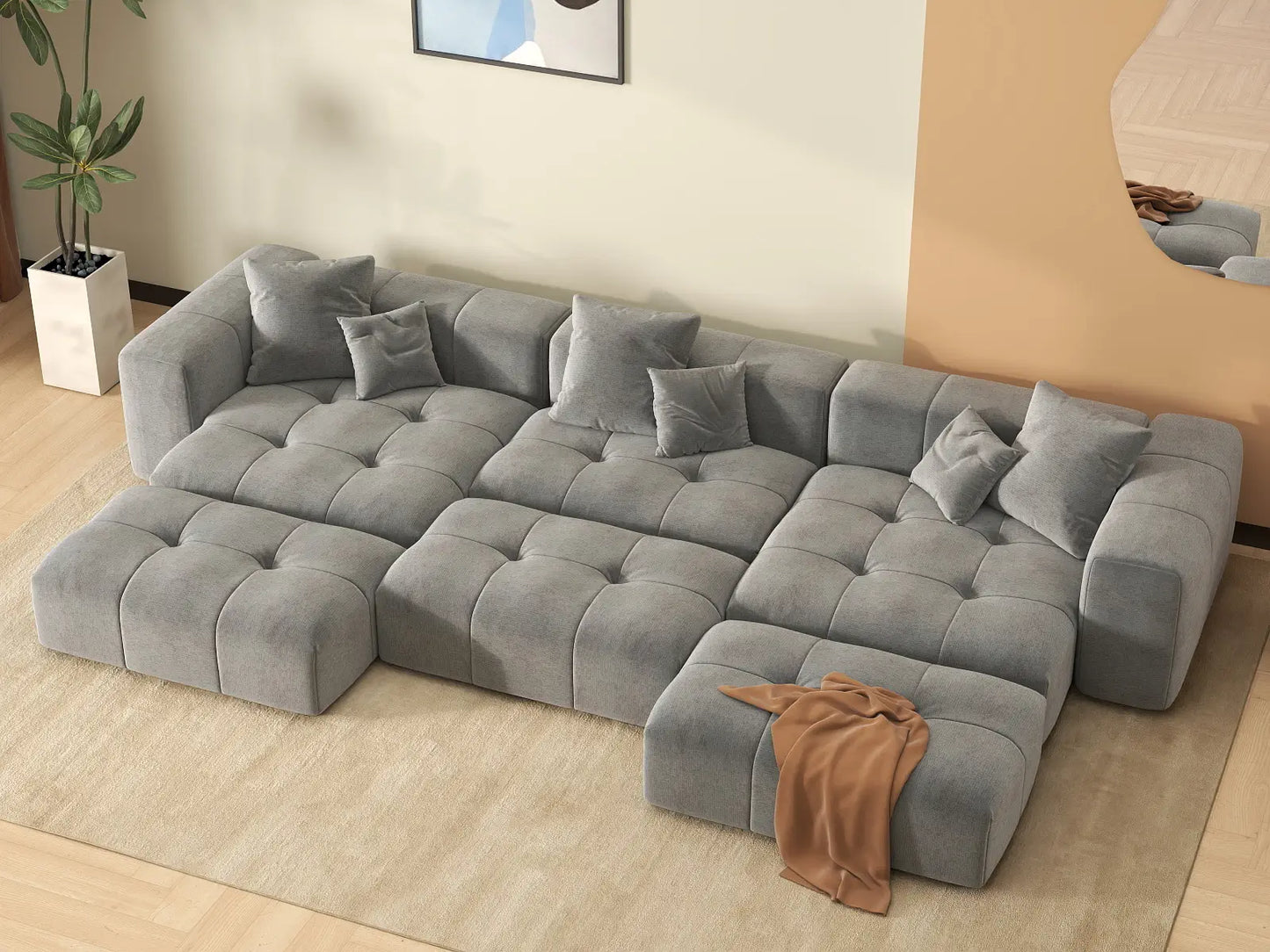 Matrix 3-Seater Light Grey Linen Pit Sectional | 6-Piece (Includes 3 Ottomans), Modular Design