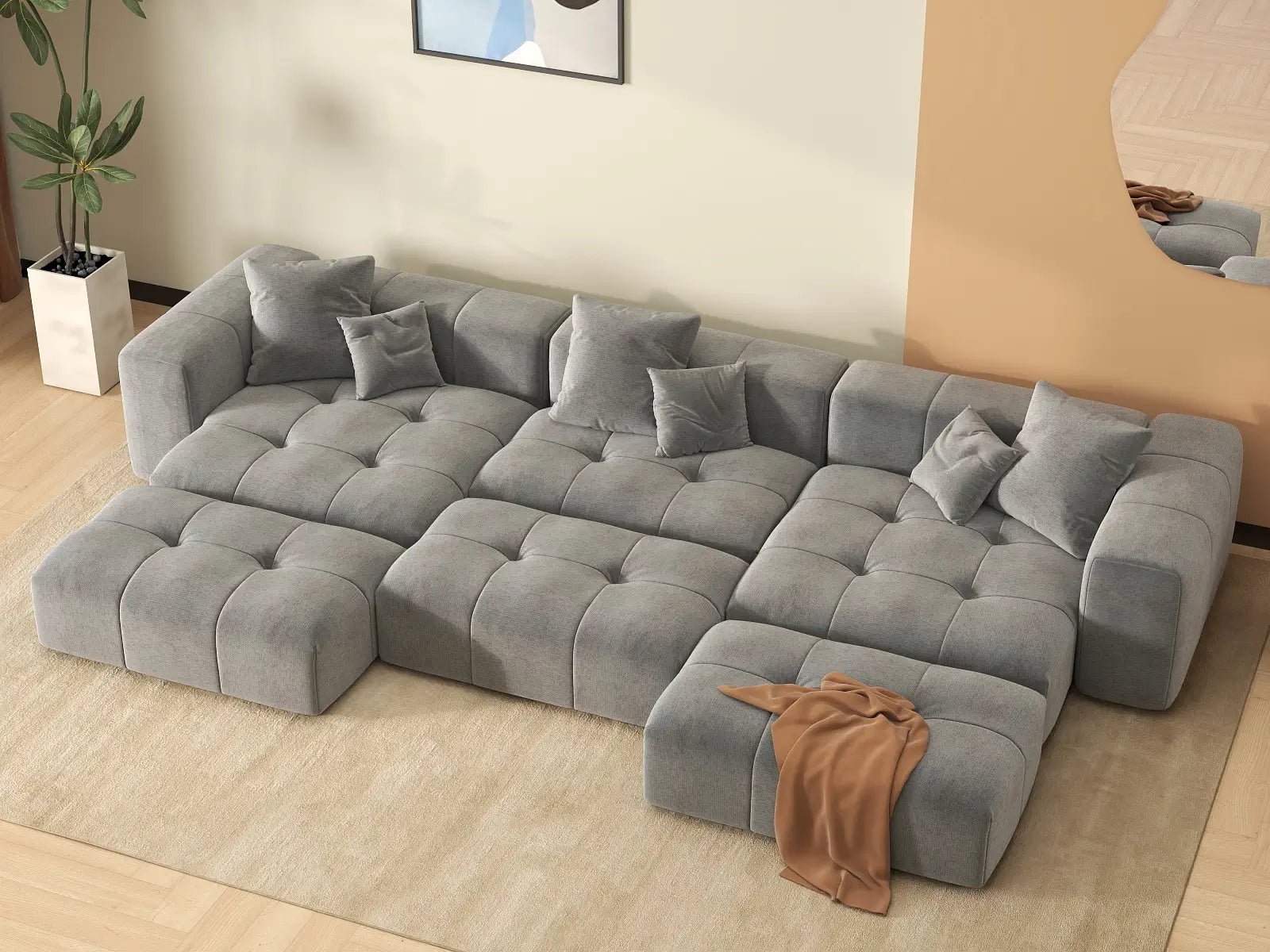 Matrix 3-Seater Light Grey Linen Pit Sectional | 6-Piece (Includes 3 Ottomans), Modular Design