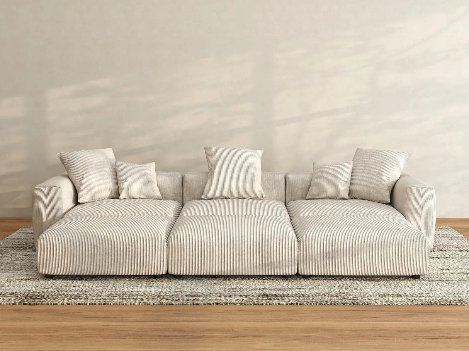 Seccional Matrix de 3 plazas con forma de U en pana beige | 6 piezas (incluye 3 pufs), asientos para sala familiar, fácil de limpiar, diseño elegante
