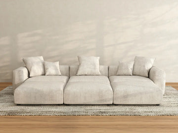 Seccional Matrix de 3 plazas con forma de U en pana beige | 6 piezas (incluye 3 pufs), asientos para sala familiar, fácil de limpiar, diseño elegante