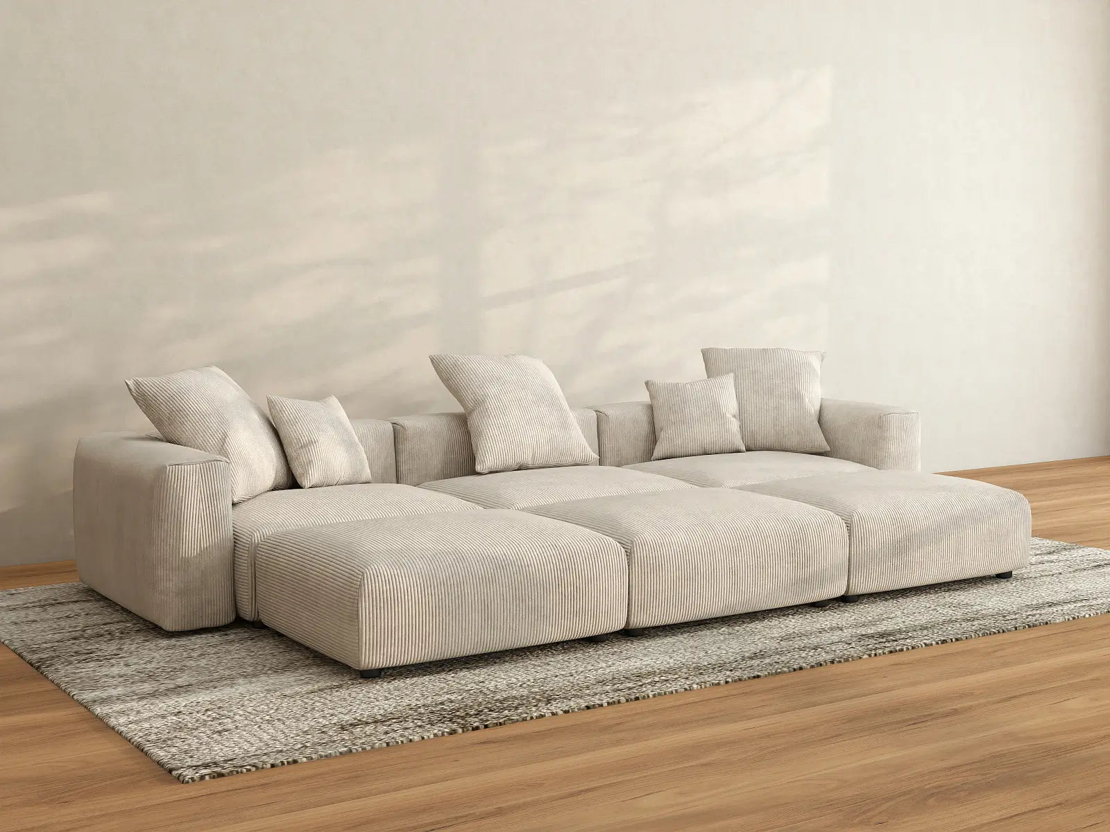 Seccional Matrix de 3 plazas con forma de U en pana beige | 6 piezas (incluye 3 pufs), asientos para sala familiar, fácil de limpiar, diseño elegante