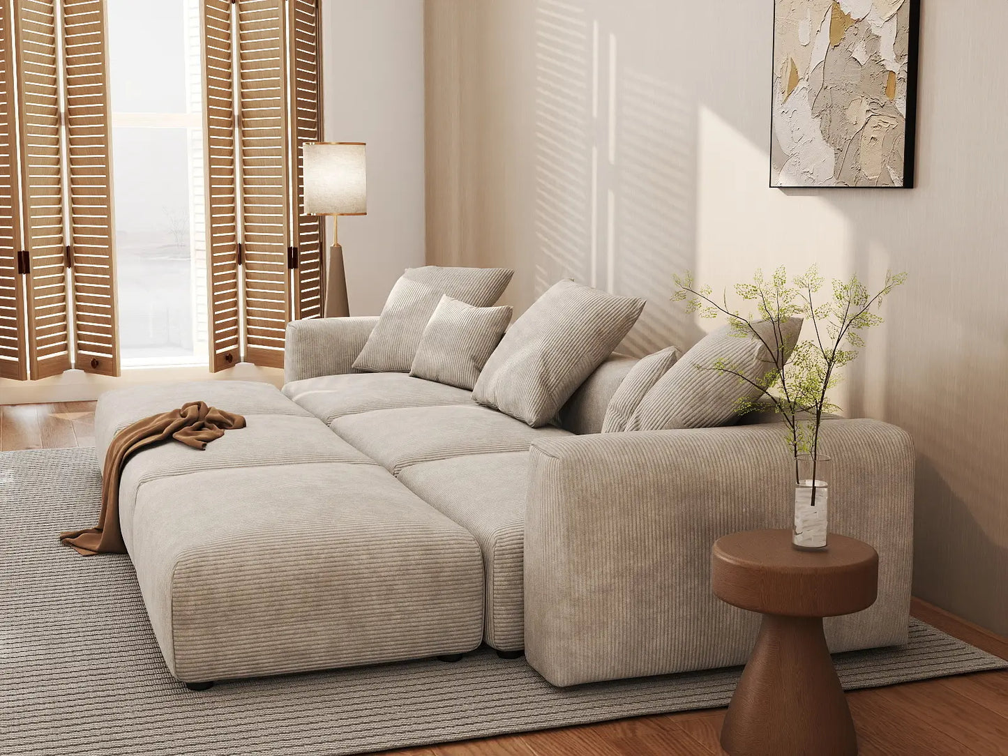 Fundas de sofá modulares modernas Matrix | Fundas de sofá de pana beige para 3 plazas con 3 otomanas