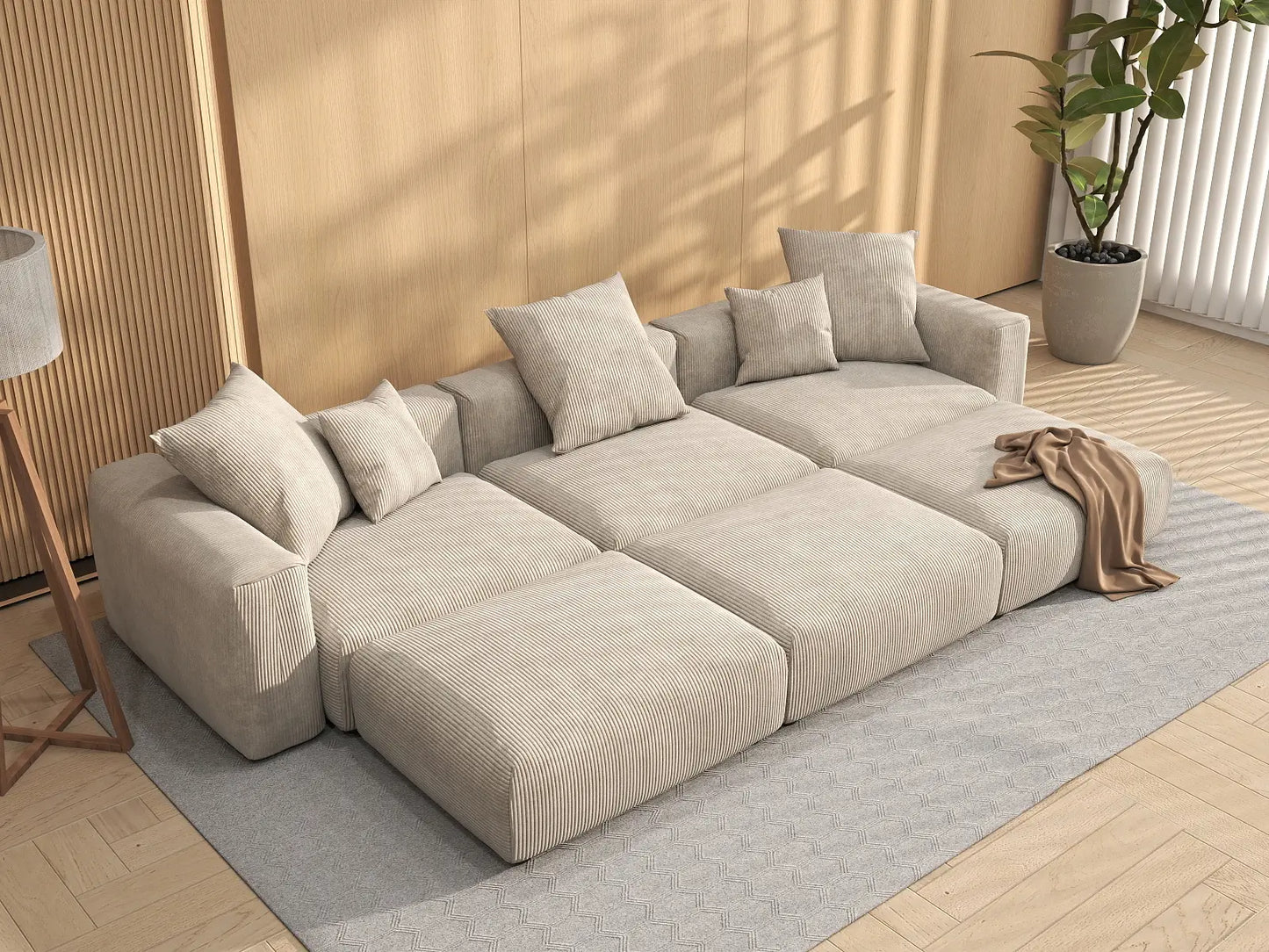 Fundas de sofá modulares modernas Matrix | Fundas de sofá de pana beige para 3 plazas con 3 otomanas