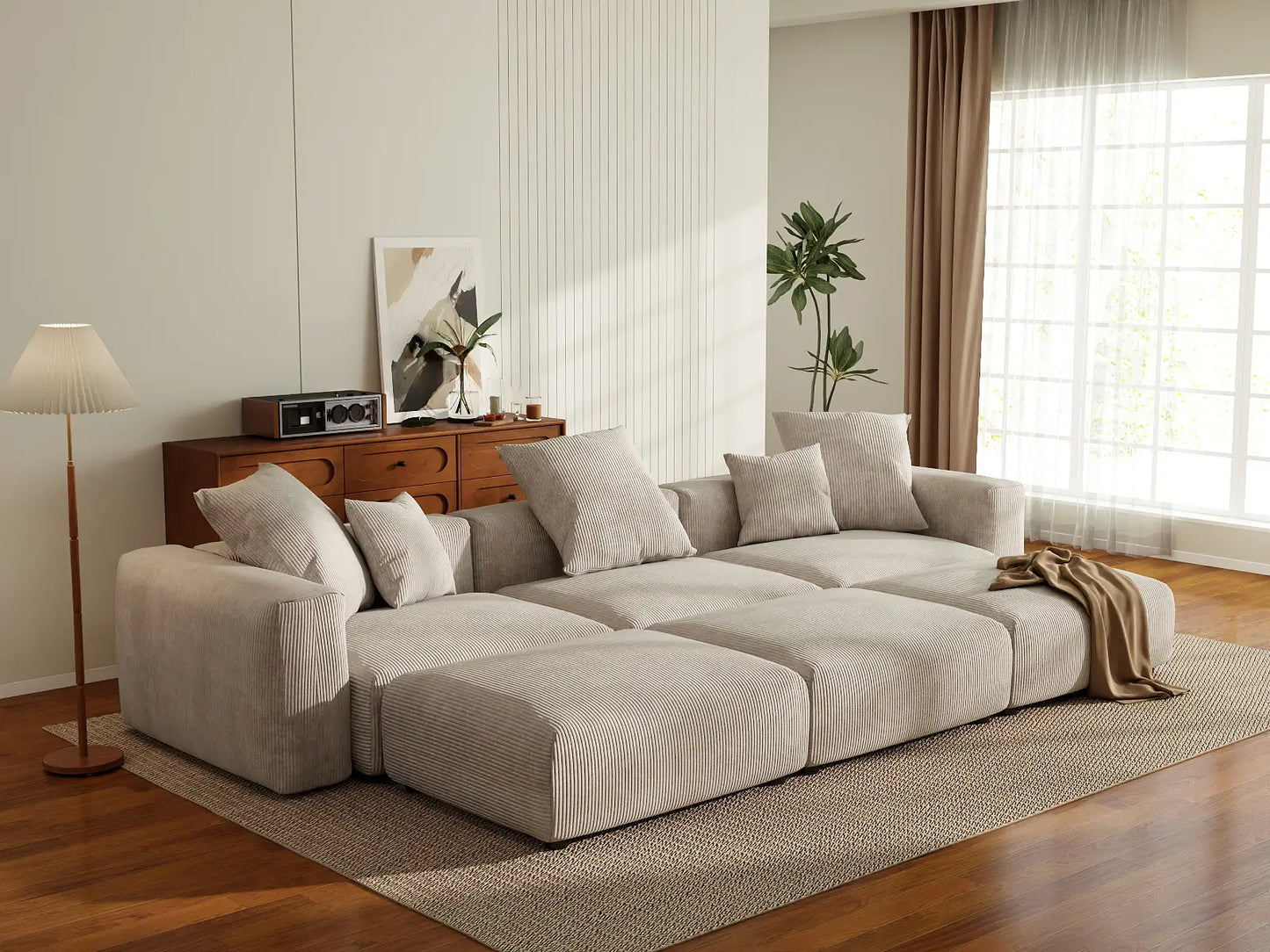 Fundas de sofá modulares modernas Matrix | Fundas de sofá de pana beige para 3 plazas con 3 otomanas