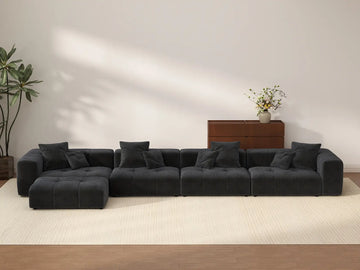 Matrix 4-Seater Black Linen L-Shaped Sectional | 5-Piece (Includes 1 Ottoman), Contemporary Style